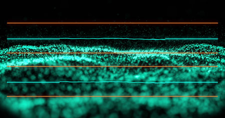 Image of horizontal green and orange lines over glowing green mesh waving on seamless loop....