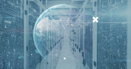 Digital interfaces and holographic globe floating in server room. Blue and white tones dominate,...