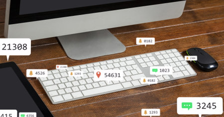 Image of media icons over office. Social media and digital interface concept digitally generated...