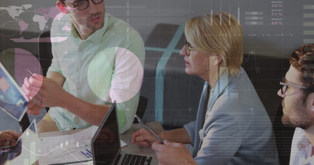 Image of data processing over caucasian business people talking. Global business and digital...
