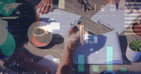 Image of statistical data processing over diverse businesspeople taking notes together. Business...