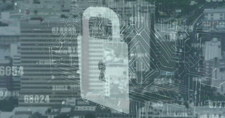 Image of integrated circuit and numbers over cityscape. Network, data processing, digital security...