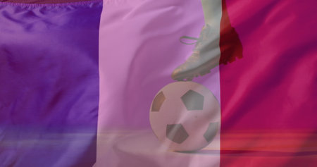 Image of caucasian male soccer player over flag of france. Global patriotism, celebration, sport and digital interface concept digitally generated image.の写真素材