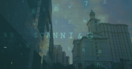 Image of cyberattack warning with key icon over cityscape. Global technology, online security and...