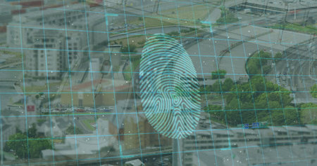 Image of fingerprint scanning and digital padlocks over cityscape. Network, data processing, digital security and technology concept digitally generated image.の写真素材