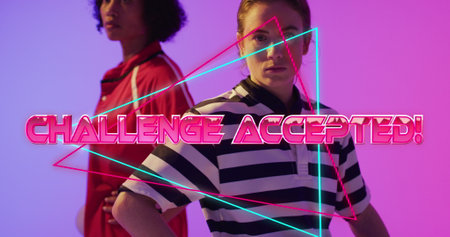 Image of challenge accepted text over female rugby players on neon background. Sports and...
