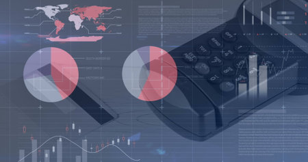 Image of statistics and data processing over payment terminal. global shopping, business, digital...
