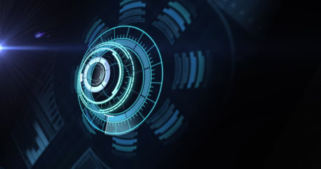 Image of scope scanning and data processing. global technology, data processing and digital interface concept digitally generated image.の写真素材