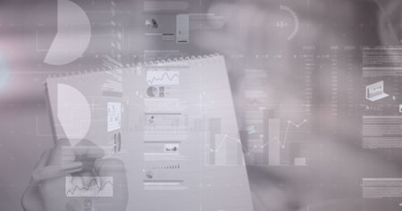 Image of data processing over person writing. global data processing, business, digital interface, technology and networking concept digitally generated image.の写真素材