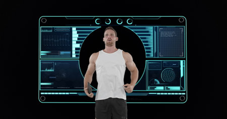 Image of male discus thrower with scope scanning and data processing. global sport, competition,...