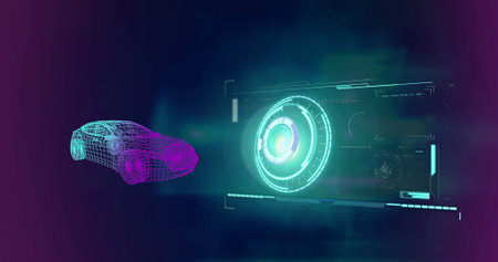 Image of 3d car drawing, scope scanning and data processing. global technology, car industry, data processing and digital interface concept digitally generated image.の写真素材
