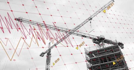Image of financial data processing over construction site. global development, business, finance, digital interface and data processing concept digitally generated image.の写真素材