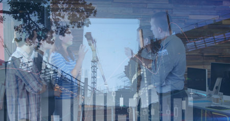 Image of financial data processing over diverse business people and city. business, digital...