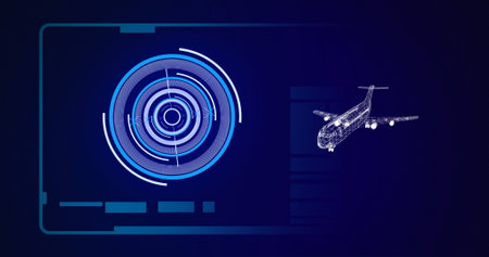Image of 3d airplane drawing with scope scanning and data processing. global aviation industry, technology, data processing and digital interface concept digitally generated image.の写真素材