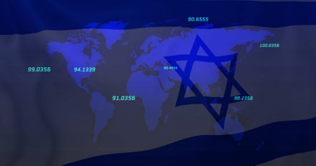 Image of map and data processing over flag of israel. Palestine israel conflict, finance, business and global politics concept digitally generated image.の写真素材