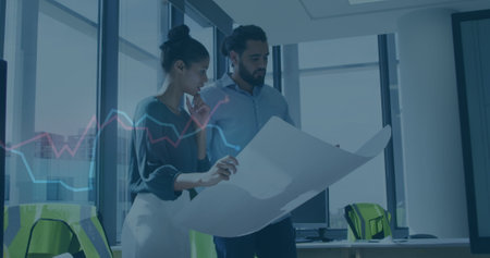 Image of financial data processing over diverse business people. global finance, business and...