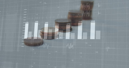 Image of financial data processing over coins on white background. global finance, business and digital interface concept digitally generated image.の写真素材