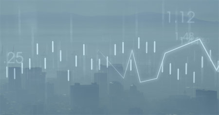 Image of financial data processing over cityscape. global finance, business and digital interface...