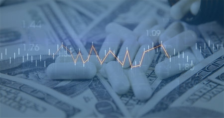 Image of financial data processing over dollars and pills on white background. global finance, business and digital interface concept digitally generated image.の写真素材