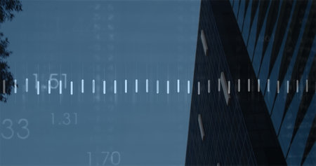 Image of financial data processing over cityscape. global finance, business and digital interface concept digitally generated image.の写真素材