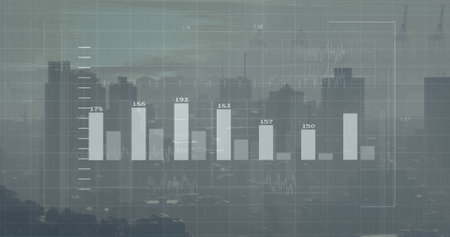 Image of financial data processing over cityscape. global finance, business and digital interface concept digitally generated image.の写真素材