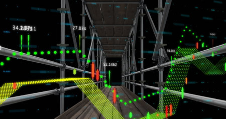 Image of financial data processing over scaffolding. global development, business, digital interface...