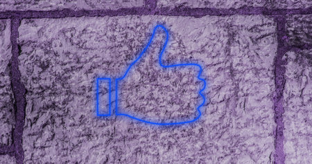 Image of a red thumbs down neon sign on brick wall 4k