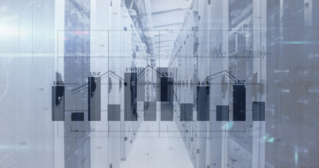 Image of financial data processing over server room. global finance, business and digital interface concept digitally generated image.の写真素材