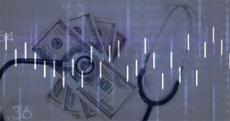 Image of financial data processing over dollars and stethoscope on white background. global finance, business and digital interface concept digitally generated image.の写真素材