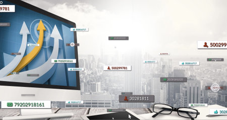 Image of media icons over office and cityscape. Social media and digital interface concept digitally...