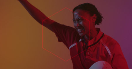 Image of neon pattern over female rugby player on neon background. Sports and communication concept digitally generated image.の写真素材