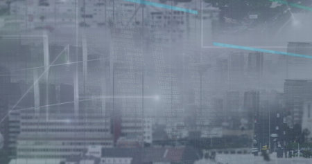 A cityscape is overlaid with transparent, digital data graphics. The scene suggests a concept of...