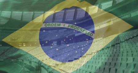 Image of sports stadium over flag of brazil. Global patriotism, celebration, sport and digital interface concept digitally generated image.の写真素材