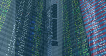 Image of stock market over caucasian woman in server room. global finance, business and digital...