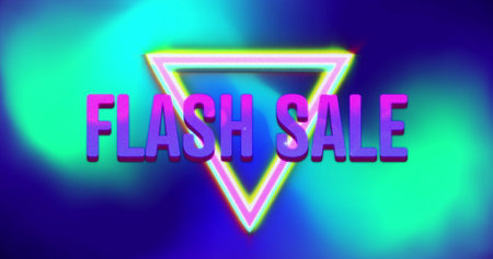Image of purple and pink text flash sale with colourful triangles, over green and blue blurs. retail...
