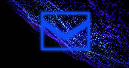 Image of social media envelope message icon over purple background. Global social media, connections, communication and digital interface concept digitally generated image.の写真素材