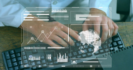 Image of financial data processing over businessmen using computer. global business, finances, data...