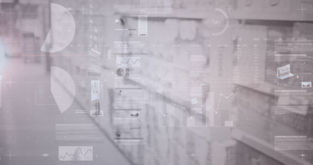 Image of statistics and data processing over shelves in shop. global shopping, business, digital...