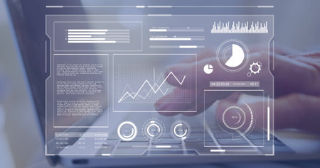 Image of financial data processing over businessmen using tablet. global business, finances, data...