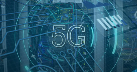 Image of 5g and processing circles over servers. network, communication, data processing and...