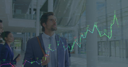 Image of financial data processing over businessman in airport. global business, finances and data...