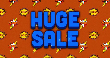 Image of blue Huge Sale with rainbow splash over the Pow! and Zap! text written over cartoon retro...