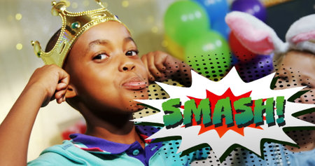 Image of the Smash! text written over cartoon retro speech bubble with boy wearing crown at birthday...