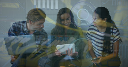 Image of colourful puzzle pieces and data processing over kids friends using electronic. Global education technology and connections concept digitally generated image.の写真素材