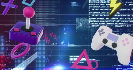 Image of data processing and gaming icons over blue background. Abstract background, technology,...