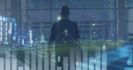 Statistical data processing against rear view of businessman with trolley bag and night city...