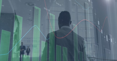 Image of data processing over african american businessman walking. global business, finances,...