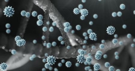 Covid-19 cells floating over dna structure spinning against grey background. medical research and...
