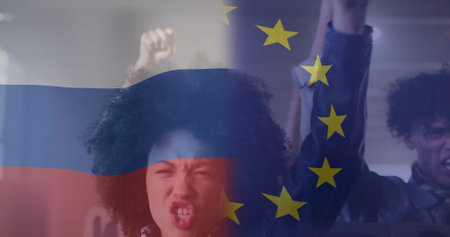 Image of flag of russia and european union over african american female and male protesters. ukraine crisis and international politics concept digitally generated image.の写真素材