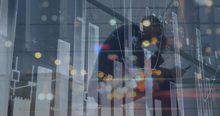 Statistical data processing against stressed caucasian businessman using smartphone at office. business data and analytics technology conceptの写真素材